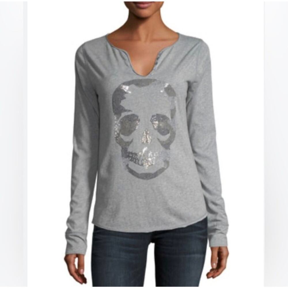 Zadig &‎ Volaire Shirt Womens Small Gray Rhinestone Skull Cotton Rock And Roll